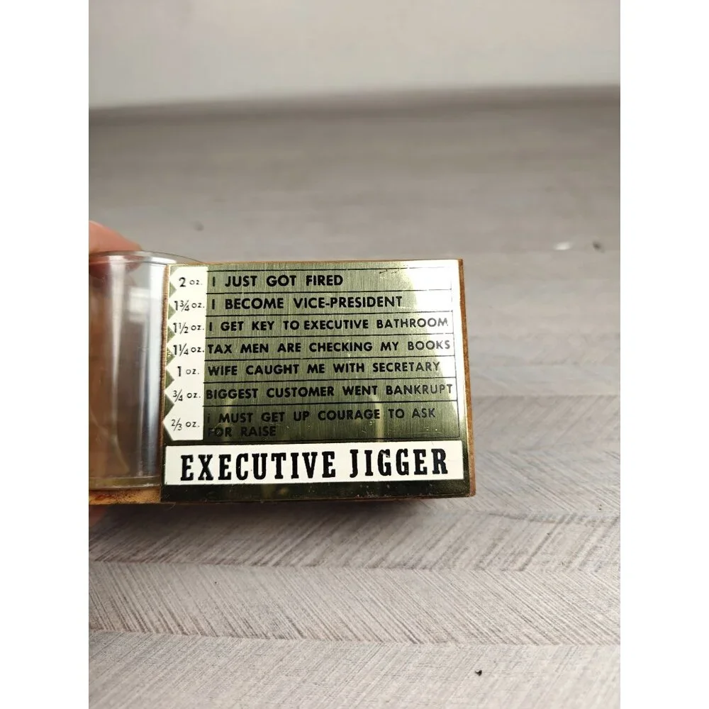 Vintage Executive Jigger Shot Glass Wooden Stand Novelty Funny Desk Pen Holder